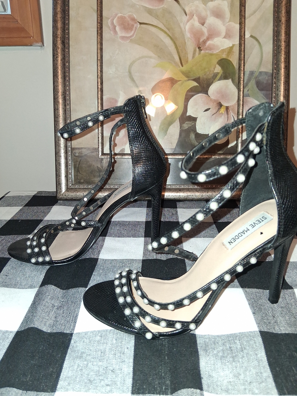 Steve Madden Black Pearl-Embellished Strappy Heels - Picture 2 of 4